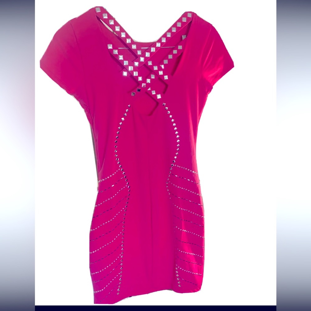 BEBE Hot Pink Studded Mini Fitted Cocktail Party Dress Crisscross Back Zip Side